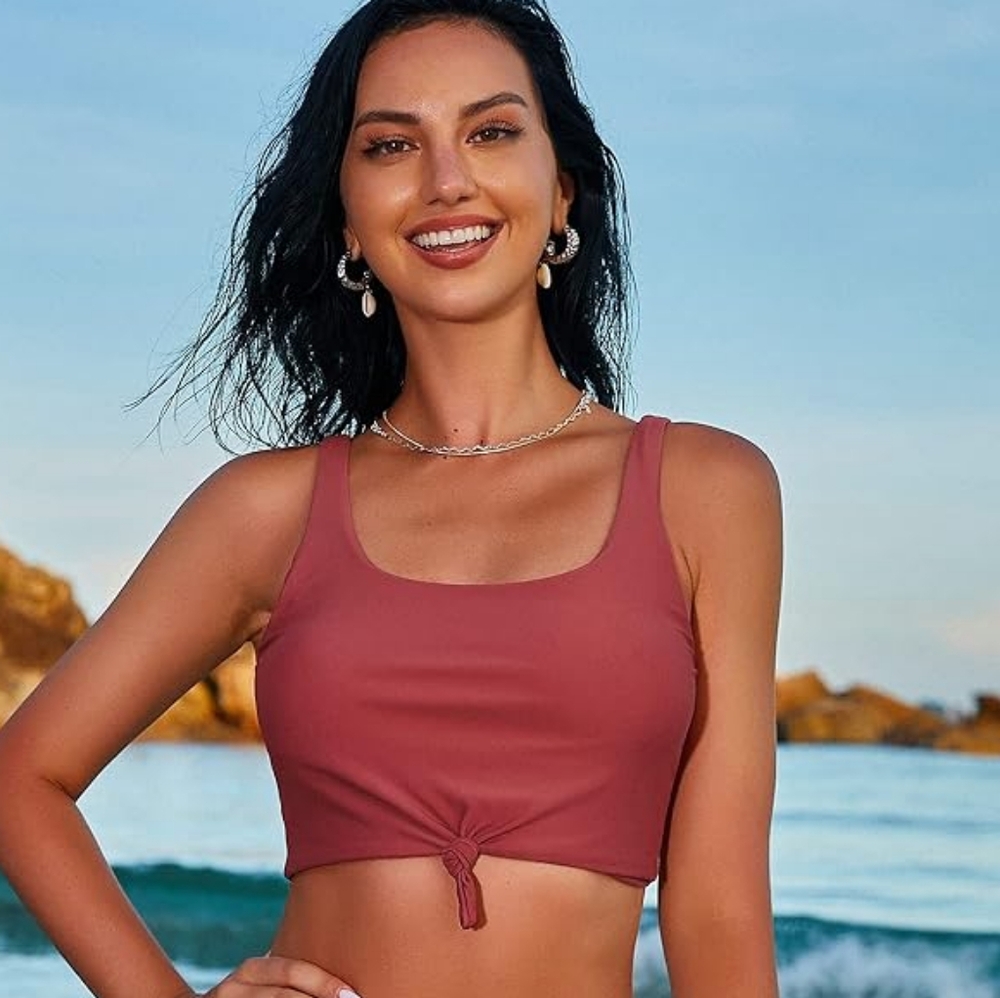 ZAFUL Scoop Neck Knotted Top  Tankini  Swimsuit Women L Multi- I cherry Red